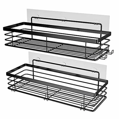 Image of Orimade Shower Caddy with 5 Hooks for Hanging Razor and Sponge Adhesive Shelf Bathroom Accessories Organiser Storage Kitchen Rack Rustproof No Drilling Stainless Steel 2 Pack (Black)