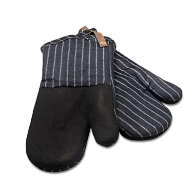 Image of Cuisinart Neoprene Blue Oven Gloves Set of 2 Mitts with Denim Pin Stripe Cuff, Faux Leather Hanging Loop, Non Slip, Heat Resistant