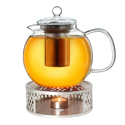Image of Creano Glass Teapot 1700ml with Warmer Stovetop Safe Tea Kettle Stainless Steel Infuser and Lid, Ideal for Preparing Loose Teas Drip Free