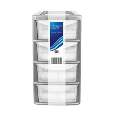 Image of CrazyGadget 4 Drawer Table Top Tower Storage Draw Plastic School Office Home Organiser Unit (Silver)