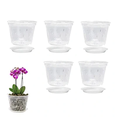 Image of 5 Pack Orchid Pots, Inch Clear Pots with Holes and Saucers, Plastics Breathable Slotted Planter Indoor Outdoor
