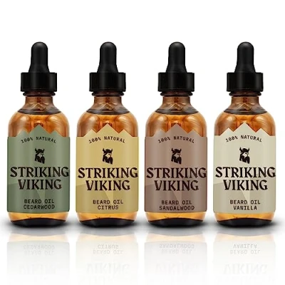 Image of Striking Vikings Beard Oil for Men Natural Organic Formula with Tea Tree, Argan and Jojoba Oils Promotes Growth, Softens, &amp; Hydrates (All 04 Scents)