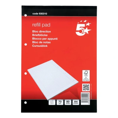 Image of 5 Star Office FSC Refill Pad Headbound 70gsm Ruled Margin Punched 4 Holes 160pp A4 Red [Pack of 10]