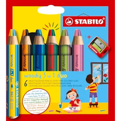Image of Multi Talented Pencil STABILO woody 3 in 1 duo Pack of 6 Assorted Colours with Sharpener