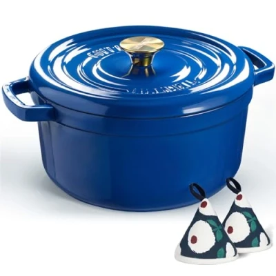 Image of Overmont 26cm Enameled Cast Iron Dutch Oven 5L Pot with Lid Cookbook &amp; Cotton Potholders Heavy Duty Cookware for Braising, Stews, Roasting, Bread Baking burgundy, Dark Blue