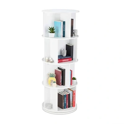 Image of Relaxdays Rotating Bookshelf, Round Mobile Bookcase, Wood, CD &amp; DVD Storage, Living Room Office, H x D: 138 50 cm, White