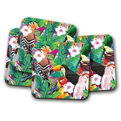 Image of 4 Set Funky Tropical Birds Coaster Parrot Toucan Jungle Wild Fun #8786