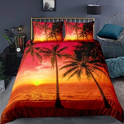 Image of Loussiesd Tropical Bedding Set Single Size Palm Trees Theme Comforter Cover Beach Sun Duvet with 1 Pillowcases Soft Microfiber Zipper Decorative Orange Black Quilt 2 Piece Lightweight
