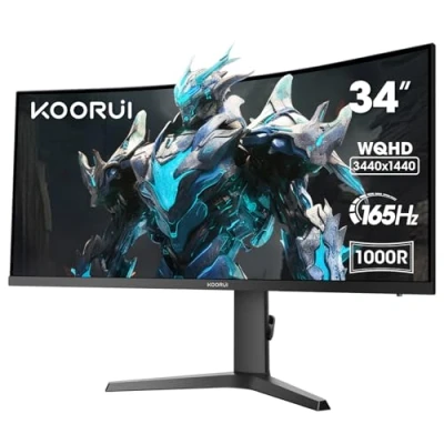 Image of KOORUI 34 Inch Ultrawide Curved Gaming Monitor, 165Hz, WQHD 1440P, 1000R, MPRT 1MS, HDR 400, 2x HDMI 2.0, 1x DisplayPort 1.4, AdaptiveSync, Tilt/Height Adjustable, Black