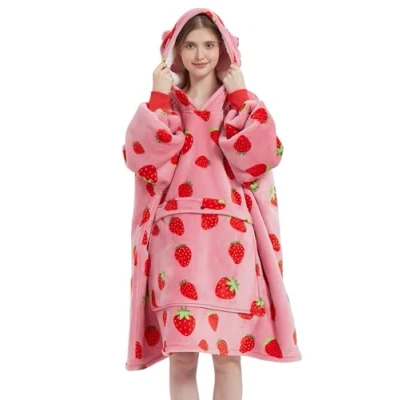Image of VERTAST Oversized Hoodie Wearable Blanket Sweatshirt for Men Women, Comfortable Sherpa Lining Super Soft Plush Warm Home Hoody, Gifts Gamers Sofa Lovers, Strawberry