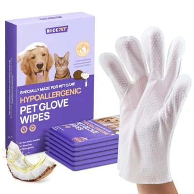 Image of HICC Pet Cleaning &amp; Deodorizing Bathing Wipes for Dogs and Cats, Nourish Fur Coconut Oil Grooming Dogs, Gloves Daily Care Traveling, No Foam Rinse
