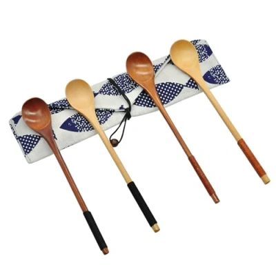 Image of SwirlColor 4PCS Natural Wood Coffee Tea Spoon Long Handle Mixing