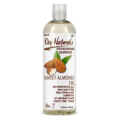 Image of Oxy Naturals Certified Organic Sweet Almond Oil 250ml 100% Pure, Cold Pressed &amp; Unrefined for Face, Body Hair Vegan Cruelty Free