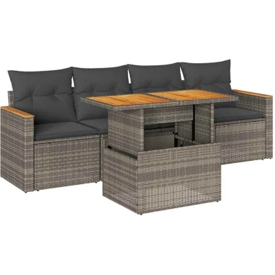 Image of vidaXL 5 Piece Garden Furniture Set Grey Poly Rattan, Cushions, Modular Design, Patio/Backyard