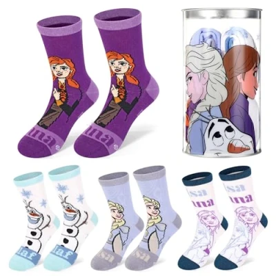 Image of Disney Frozen 4 Pair Ankle Cotton Socks for Kids Ideal Children Gift Packed in Round Money Piggy Bank Plastic Cylinder (UK, Age, 3 Years, 6 Regular, Standard, Multicolour)