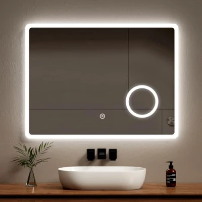 Image of EMKE Backlit Illuminated Bathroom Mirror with Shaver Socket 800x600 mm, Wall Mounted Multifunction LED Vanity Touch Switch, Demister Pad and 3x Magnifier [Horizontal]