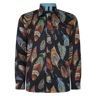 Image of KAM Feather Print Shirt Long Sleeve Button Up Collared Cotton Black Plus Size Mens 2XL 8XL 6048LS (UK, Alpha, XXL, Plus, Regular)