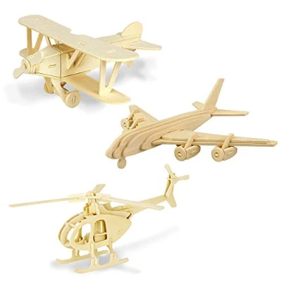 Image of Georgie Porgy Woodcraft Construction Kits 3D Wooden Jigsaw Puzzle Model for Kids Toys Age 5+ Pack of 3 (Biplane Helicopter Civil Airplane)