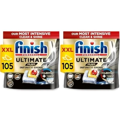Image of Finish Ultimate Plus Infinity Shine Dishwasher Tablets bulk Scent : Lemon Pack of 2 105 Tabs Each Total 210 For Unbeatable* Clean and Diamond