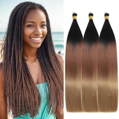 Image of Locescsoc 24 Inch Straight Hair Extensions 150g 3 Packs Bone Braiding Hair, C14 Ariel Ponytail Bundles, Ombre Soft Synthetic Crochet Box Braids for Women(1B/30/27)