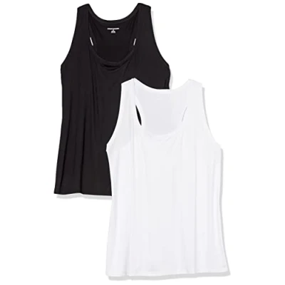 Image of Amazon Essentials Women&#039;s Tech Stretch Racerback Tank Top (Available in Plus Size), Pack of 2, Black/White, M