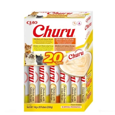 Image of Churu by INABA Cat Treat Chicken and Beef Variety Box 1 Pack (20 x 14g total) / Soft &amp; Creamy Treat, Delicious Healthy Snack, Purée Food Topper, Natural, Grain Free