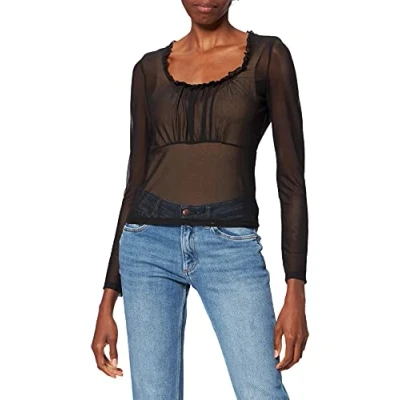 Image of NA KD Women&#039;s Frill Detail Mesh Top Shirt, Black, 2X Small