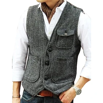 Image of Solovedress Mens Vintage Wool 3 Real Pockets Suit Vest V Neck Tweed Waistcoat for Wedding Groomsmen(Grey,S)
