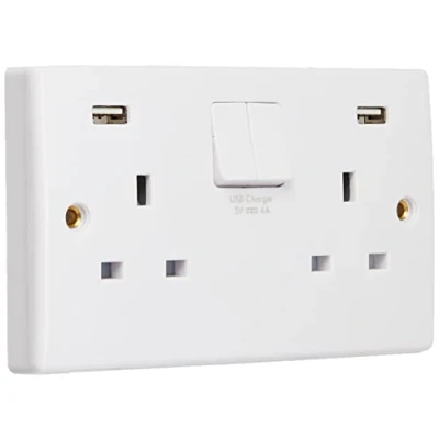 Image of Schneider Electric Ultimate White Moulded Switched Double Power Socket, with USB Charging Ports, 13A, GGBGU3024DS,