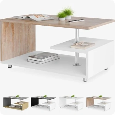 Image of CASARIA® Wood Modern Coffee Table 3 Tiers Shelf Storage Space Height Adjustable 95x55 cm Wooden, Scratch Resistant Side for Living Room White &amp; Oak Effect