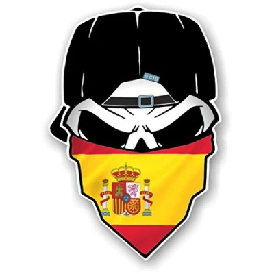 Image of Gothic Biker Skull With Bandana &amp; Spain Spanish Flag Vinyl Car Sticker Decal 85x125mm