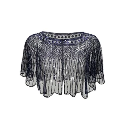 Image of Grouptap Wedding brides women gatsby cape shawl beaded wrap bolero blue black for 1920s art decor fashion evening party dress (Blue)
