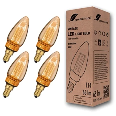 Image of greenandco 4 x Dimmable LED Light Bulbs Decorative Vintage Style E14 C35 Amber 2.3W 65lm 1800K Warm White 320 230V No Flicker