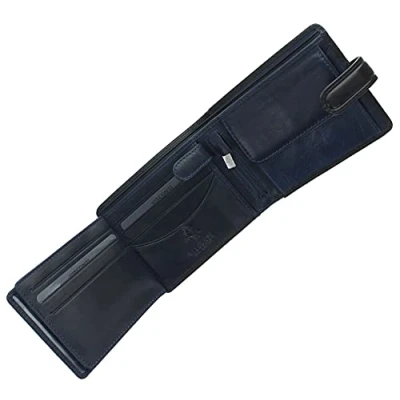 Image of VISCONTI Torino Collection Atlantis Vegetable Tanned Leather Bi Fold Wallet RFID Blocking TR35 Black/Blue Hues