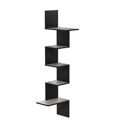 Image of Furinno Rossi Modern 5 Tier Wall Floating Corner Shelf, French Oak/Black, Espresso