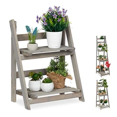 Image of Relaxdays Multi Tier Flower Shelf, Wooden Plant Ladder Rack, Folding, HWD: 51.5 x 41 24 cm, Grey