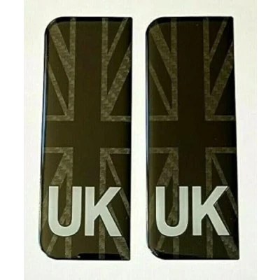 Image of Gelz Domed Black &amp; Carbon Union Jack UK Vehicle Number Plate Stickers/Decals