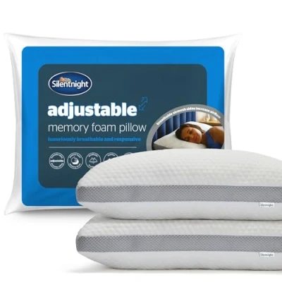 Image of Silentnight Adjustable Memory Foam Pillow Sink In Luxury Shredded Filling Ergonomic Support Help Ease Neck Pain All Sleeping Positions Breathable Hollowfibre Removable Cover (2 Pack)