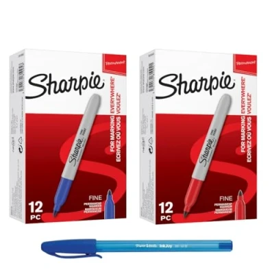 Image of SHARPIE Permanent Marker Fine Tip Red Ink, Blue Ink 24 Pens &amp; PaperMate Pen Gift