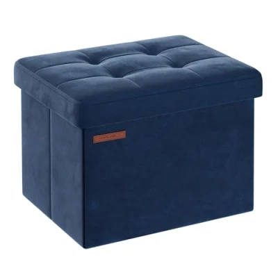 Image of SONGMICS Storage Ottoman, Foldable Small Ottoman Foot Rest, 31 x 41 cm Stool, with Storage, Load up to 130 kg, for Living Room, Bedroom, Dorm, Midnight Blue LSF200Q51