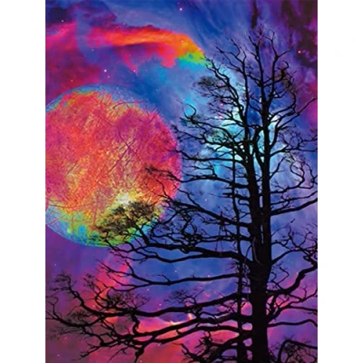 Image of OWN4B Cross Stitch Kits Stamped, Moon Night Tree Printed Pattern 11CT 14.2x18.1 inch DIY Embroidery Kit (Night)