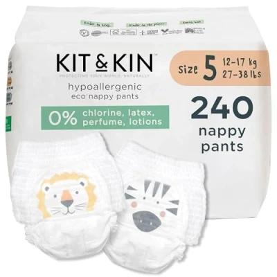 Image of Kit &amp; Kin Premium Eco Nappy Pants Size 5 Maxi Pull Ups Hypoallergenic Plant Based Vegan Chlorine Free Superior up to 12 Hour Leak Protection 17 kg / 27 38 lbs Pack of 240