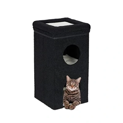 Image of Relaxdays Cat Den, HxWxD: 76 x 40 cm, Foldable House with 3 Tiers, Pet Hideaway Scratching Board, Black