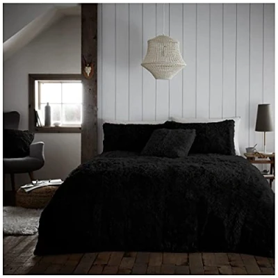 Image of GC Gaveno Cavailia Teddy Fleece Hug Snug Duvet Set King Black, Super Soft Fluffy Cosy Warm Bedding, 3 Piece Bedset, Easy Care DuvetCover Bedlinen, 1 Quilt Cover and 2 Pillow Cases