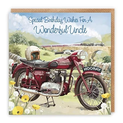 Image of Hunts England Vintage Motorbike Uncle Birthday Card Steam Train Countryside Classic Motorcycle Stunning Artistic Milo&#039;s Gallery Collection
