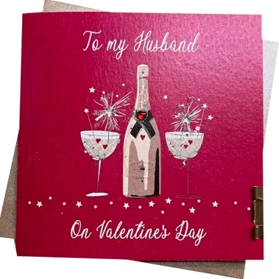Image of White Cotton Cards Champagne Flutes to My Husband Handmade Valentine&#039;s Day Card, White, V14 7