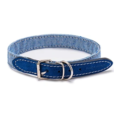 Image of HUGO &amp; HUDSON Luxury Dog Collar Fabric Suede Leather with Adjustable Metal Buckle, Blue 30cm
