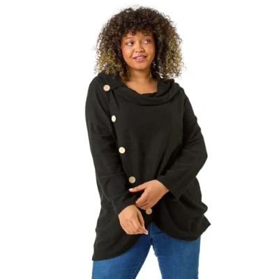 Image of Roman Curve Cowl Neck Button Wrap Top for Women UK Ladies Autumn Everyday Winter Holiday Long Sleeve Soft Drape Neckline Comfy Cozy Relaxed Fit Shirts Black Plus Size 20