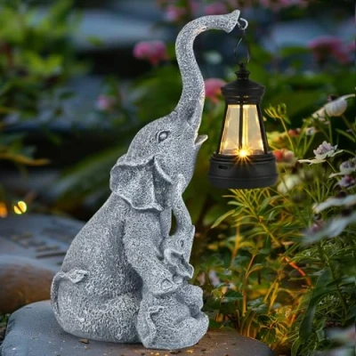 Image of Elephant Decoration with Solar Lantern, Garden Figures, GuKKK Decorative for Outdoor, Powered LED Lights Women, Men, Mum, Birthday Gift, Patio, Balcony, Living Room