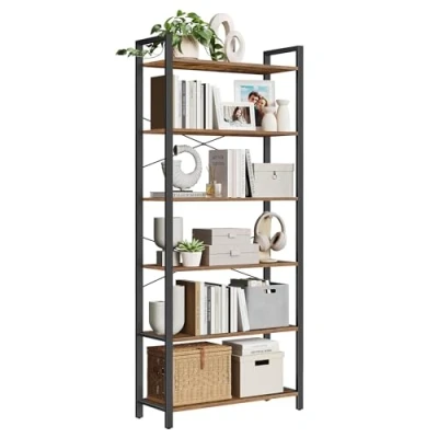 Image of VASAGLE 6 Tier Tall Bookshelf, Large Bookcase, Steel Frame, Freestanding Shelf Unit for Living Room, Bedroom, Home Office, Study, 30 x 80 186 cm, Industrial, Rustic Brown and Ink Black LLS082B01
